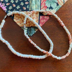 2 VINTAGE Genuine PUKA SHELL Necklaces * WHITE & IVORY ~plus~ CORAL & WHITE